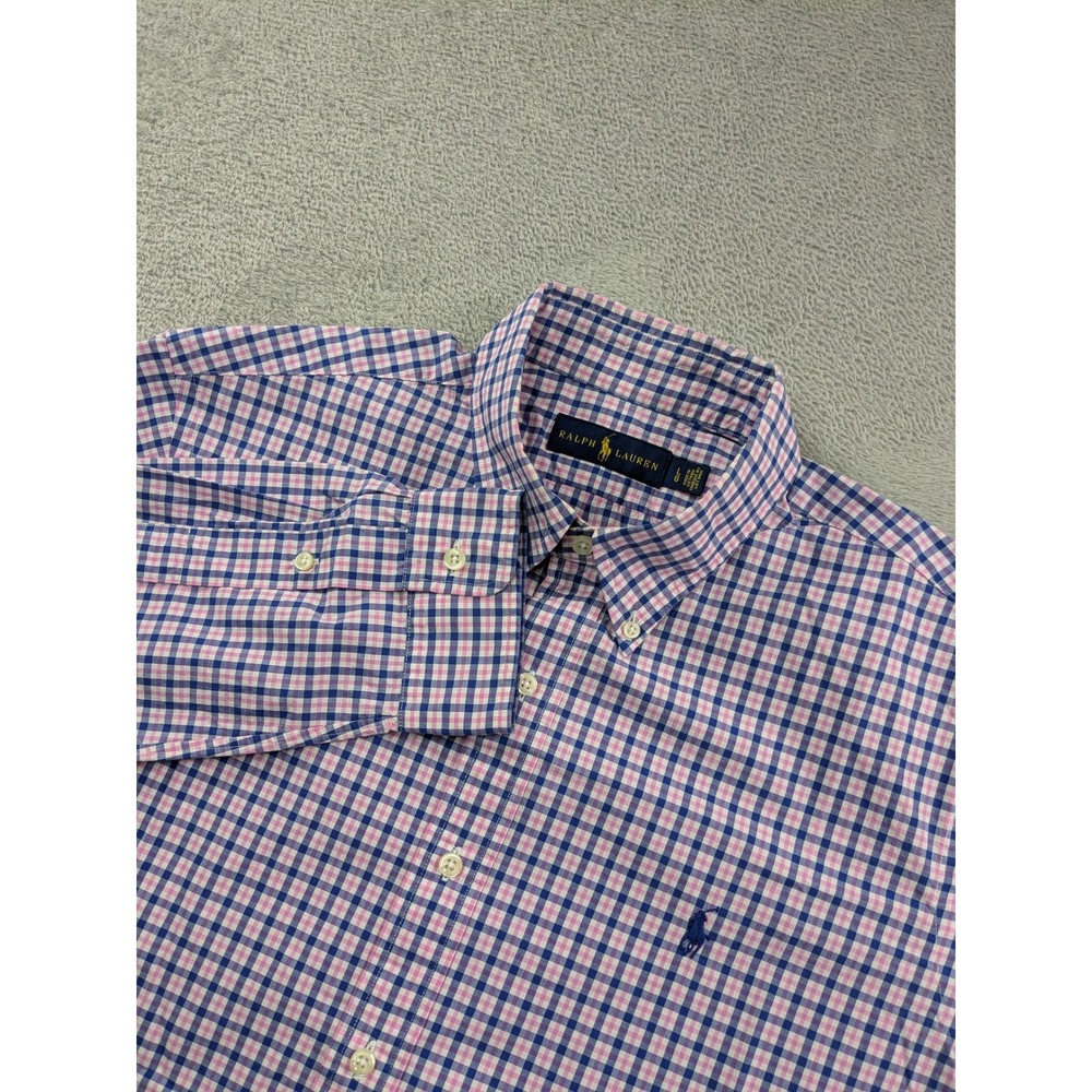 Ralph Lauren Mens Large Pink Blue Gingham Check Cotton Button Down Shirt L